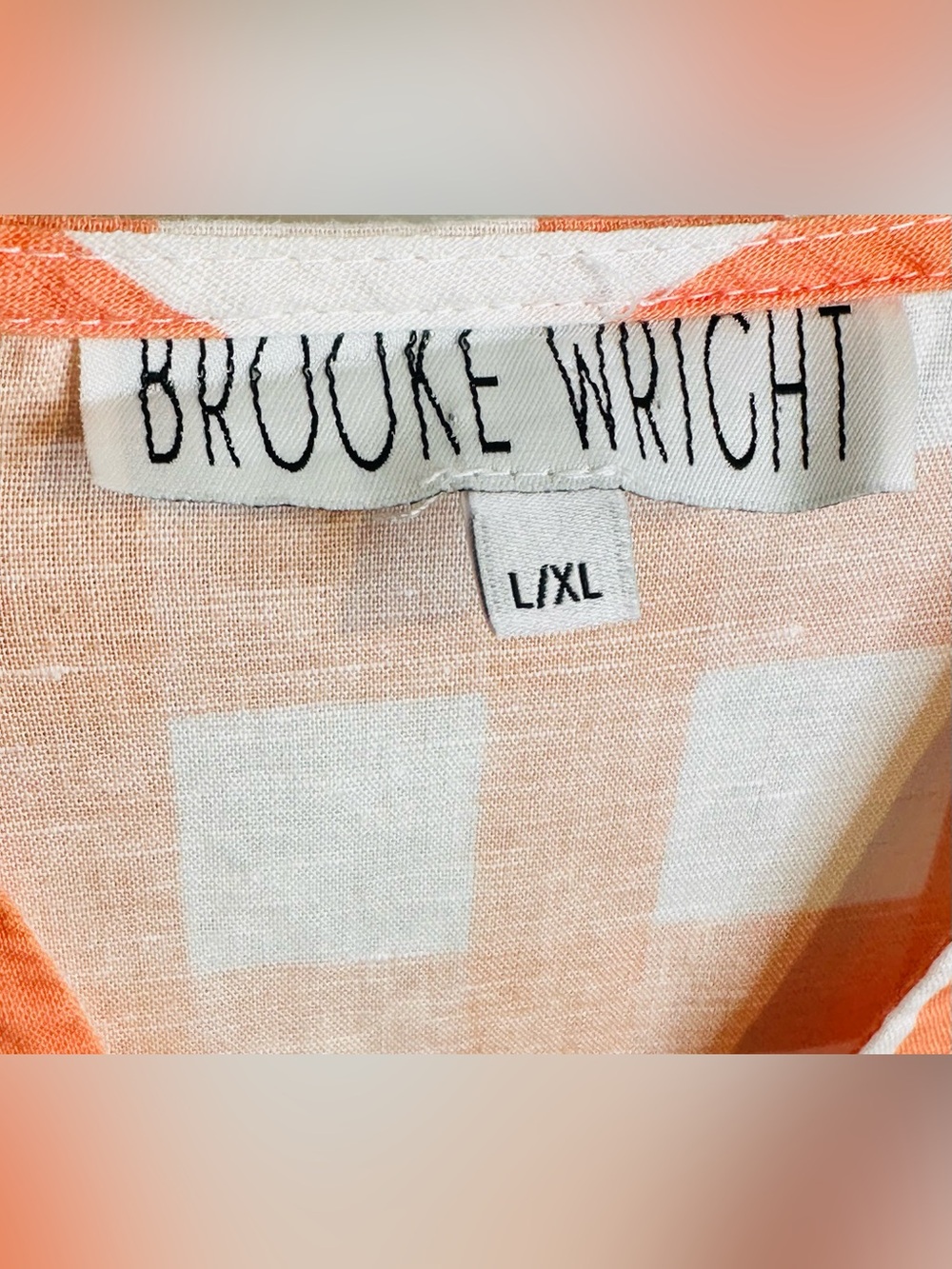 Brooke Wright Orange White Gingham V-Neck Puff Sleeve Tunic Blouse Shirt Top - Picture 7 of 10